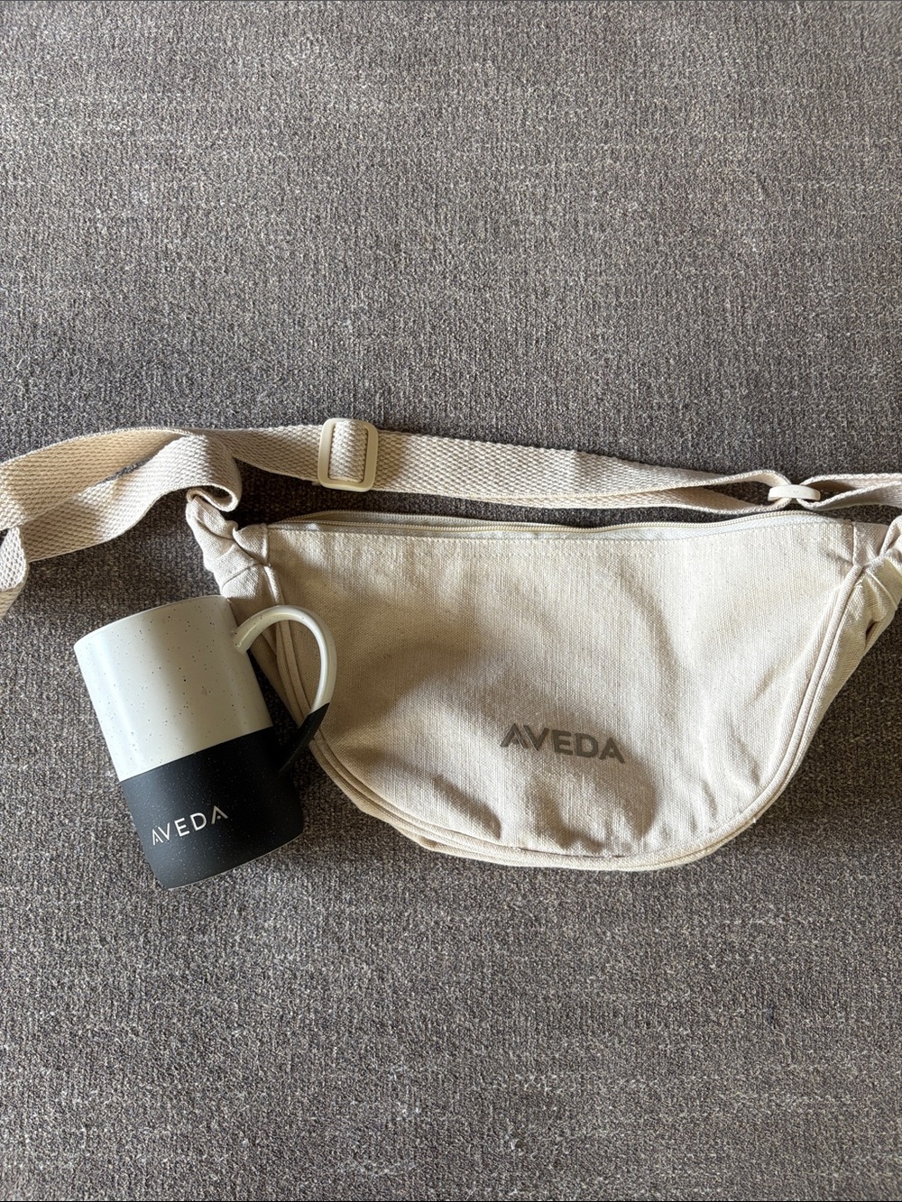 AVEDA Natural Canvas Waist Pack and coffee mug with Logo